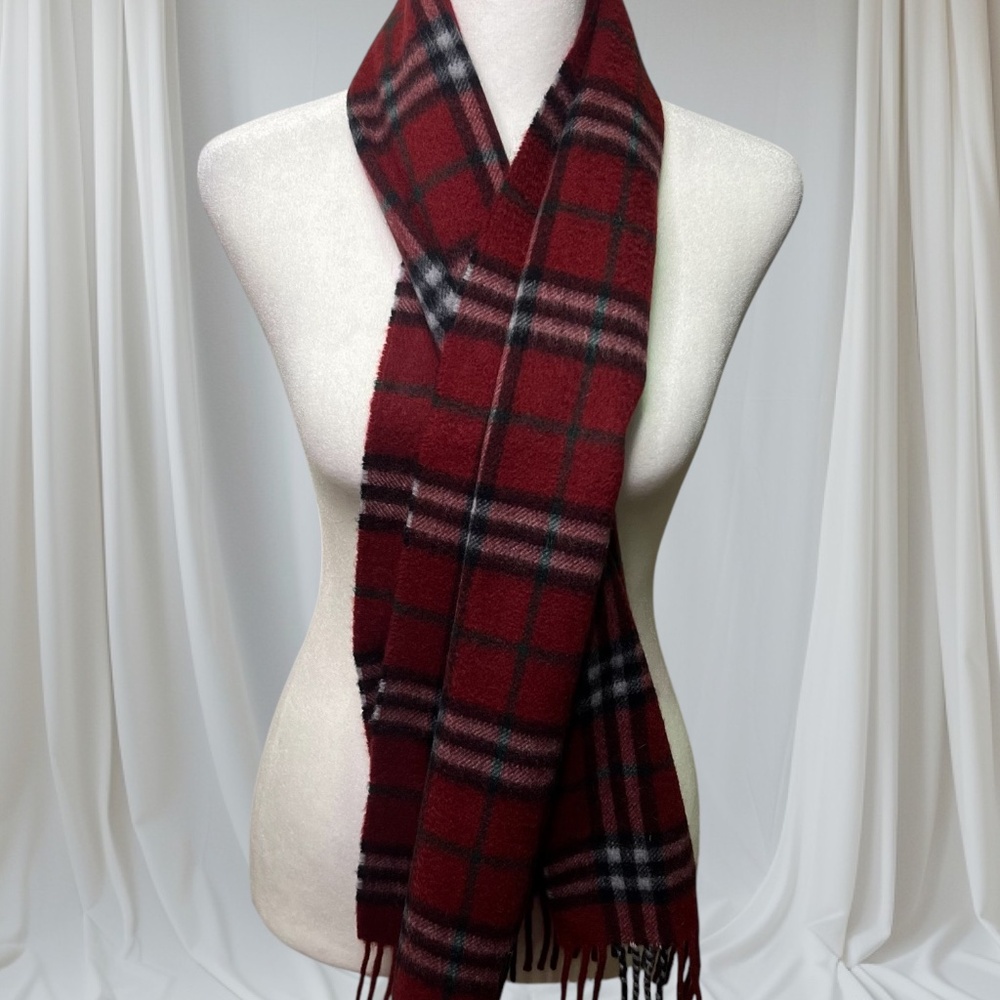 Burberry Dark Red Check 100% Cashmere Scarf Size 12" X 54"